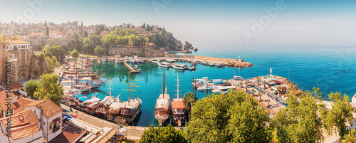Fotografering Aerial view of the picturesque bay with marina port with yachts near the old town of Kaleici in Antalya
