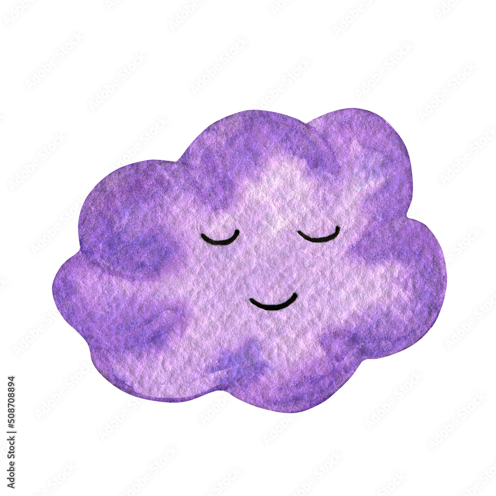 Watercolor cartoon cute and fluffy violet rainy cloud isolated on white background. Sky in rainy season. Weather icon.