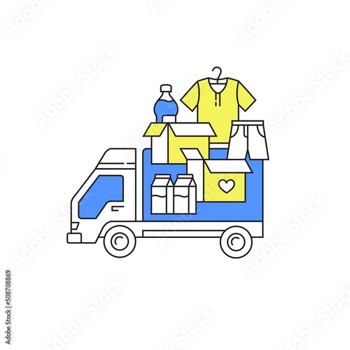 Humanitarian mission. Vector, colored linear icon. Help for those in need. volunteering charitable activities Car with clothes and food.
