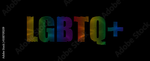 Dynamic line wave LGBTQ+ word banner vector illustration isolated on black background. Typography with L Lesbian flag, G Gay Pride flag, B Bisexual flag, T Transgender community pride, Q Queer