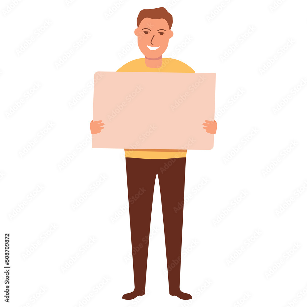 Male activist character.Hand holding empty banner.Concept of big sale, discount.Man holding clean placard.Isolated on white background. Vector flat illustration. Male activist character.Hand holding empty banner.Concept of big sale, discount.Man holding clean placard.Isolated on white background. Vector flat illustration.