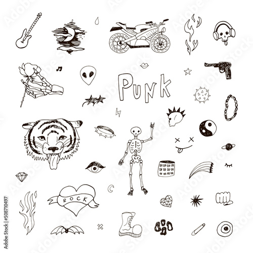 Punk rock doodles vector line illustrations set