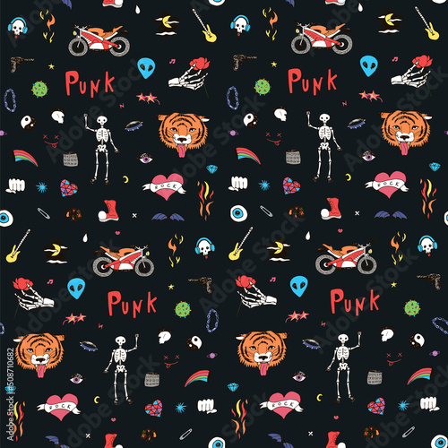 Punk rock doodles vector seamless pattern