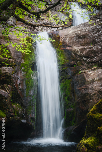 Cascades of a scenic waterfall framed by tree foliage and red cliffs covered by green moss