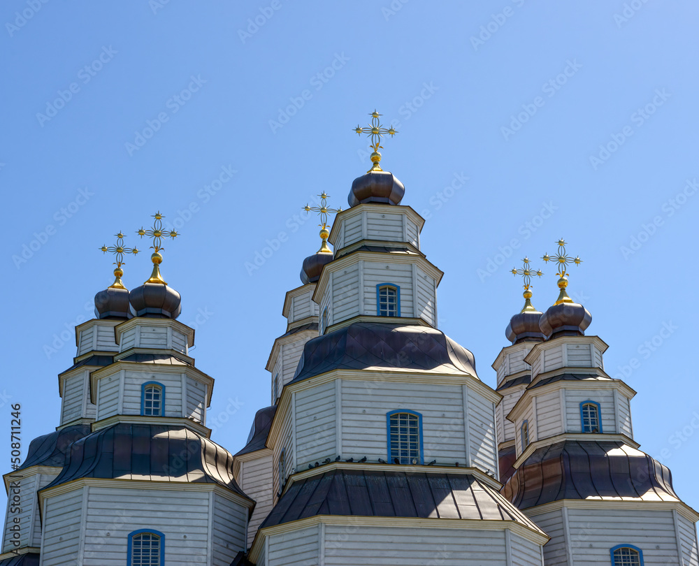 Unique wooden St. Trinity Cathedral in Novomoskovsk town, Ukraine.