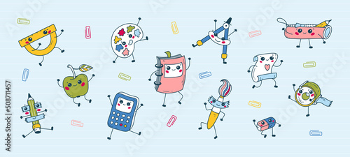 Back to School. Cute School Supplies Clipart Set. Dancing Happy Education Characters. Vector illustration for kids. Kawaii Style.