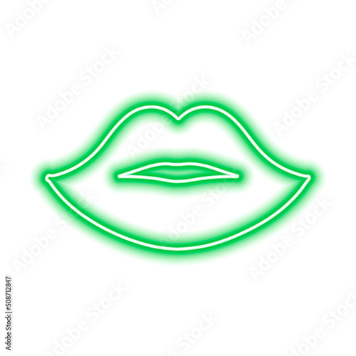 Green neon lips on a white background. The contour of the women's lips. Kiss