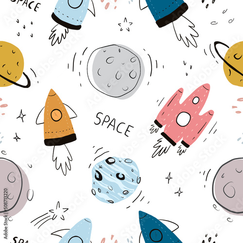 cute seamless hand drawn space pattern with rocket, star, comet, spacecraft, planets, galaxy saturn, meteorite and spaceships on white background