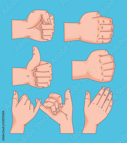 seven hands gesturing