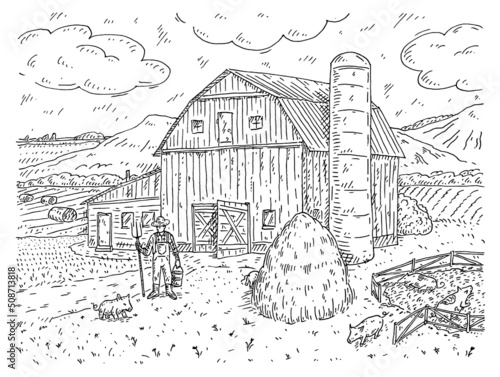 Farmer holding pitchfork. Background landscape. Color illustration.