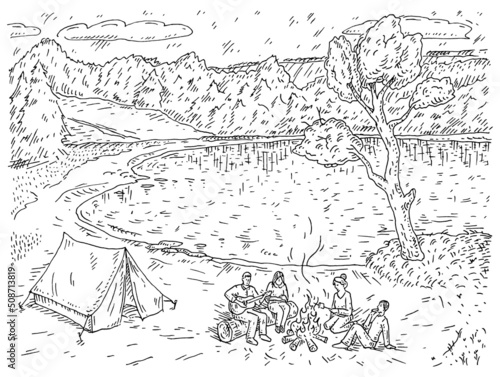 Camping in forest. Vintage engrave vector monochrome black illustration.