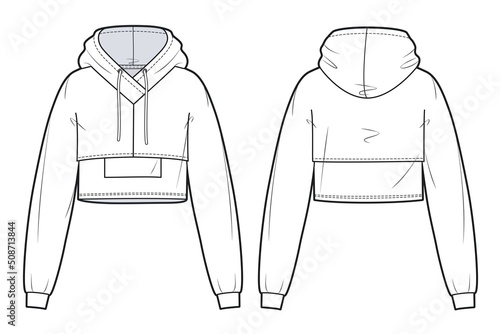 Unisex cropped Hoodie design fashion flat sketch template. Oversize Raglan Hoodie Sweatshirt long sleeve fashion cad mock up.