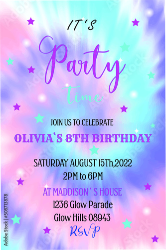 Invitation to a children's birthday party. Pink, blue, peach, blue colors are used. Can be used in web design, illustrations, banners, posters.