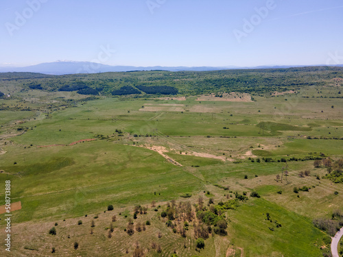 Aerial view of rural land near town of Godech, Bulgaria