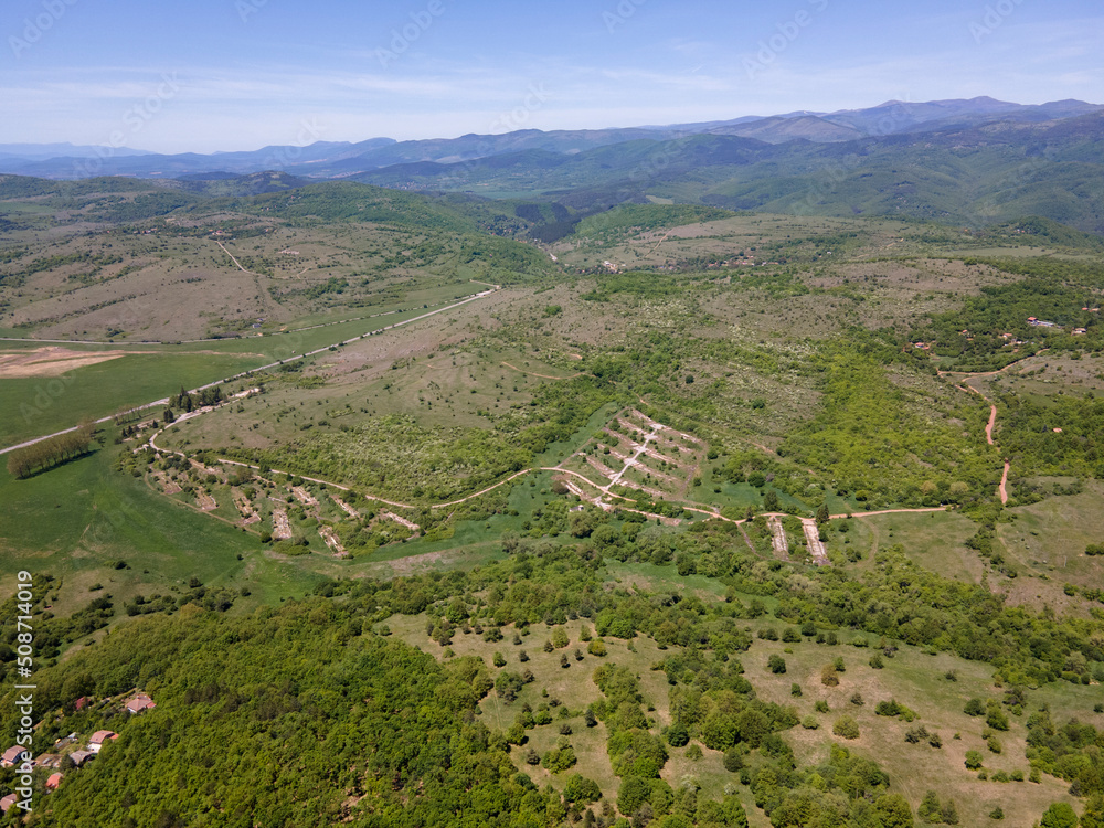 Aerial view of rural land near town of Godech, Bulgaria