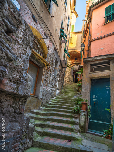 narrow stairs alley of Vernazza village, Cinque Terre, Italy
