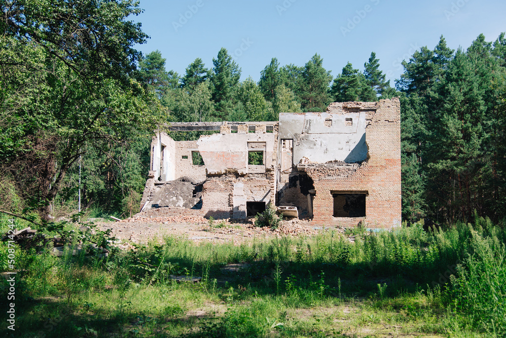 Demolished and damaged buildings. Ruins of destroyed houses in the forest. A pile of bricks, rubbish and materials. Natural disaster.	