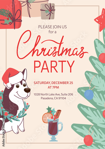 An invitation to a Christmas party. The winter card is decorated with a funny dog in a New Years hat, a Christmas tree, gifts and mulled wine. Vector New Year template, flat style