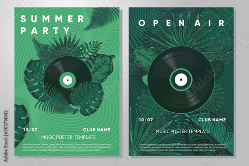 Jungle party poster with tropical leaf and vinyl disc. Summer party festival design template. Hot vector design