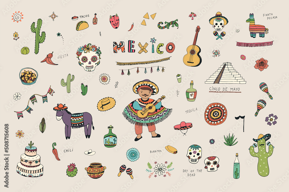 Naklejka premium mexico travel vector traditional objects illustrations set