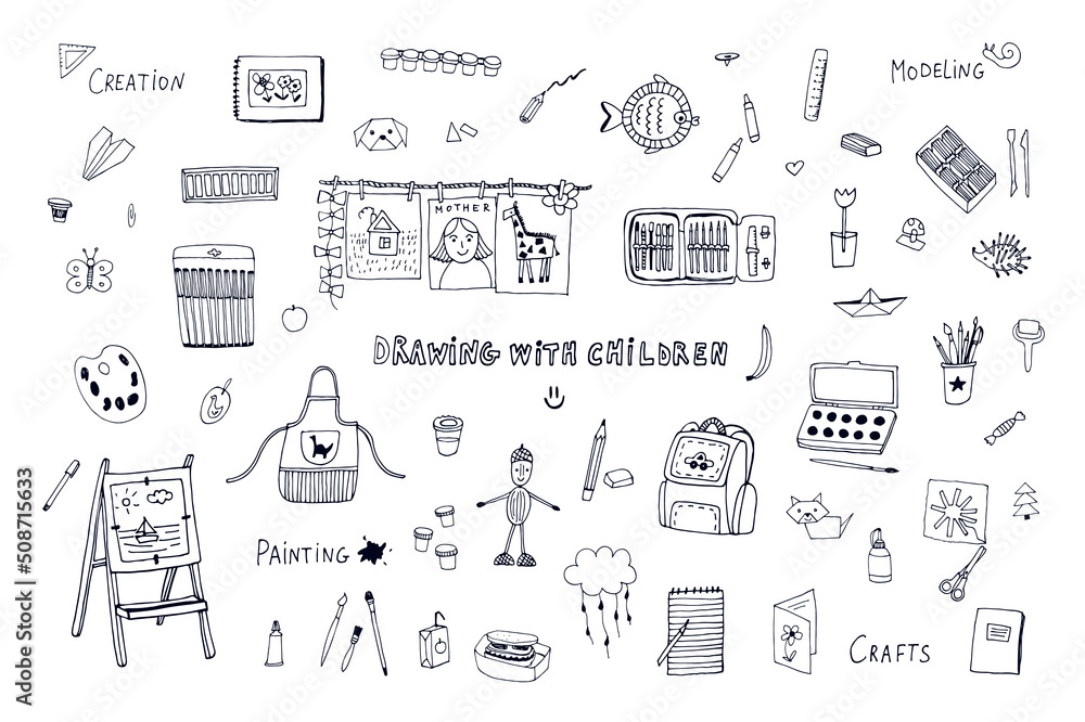 Fototapeta premium Art class for children vector illustrations set