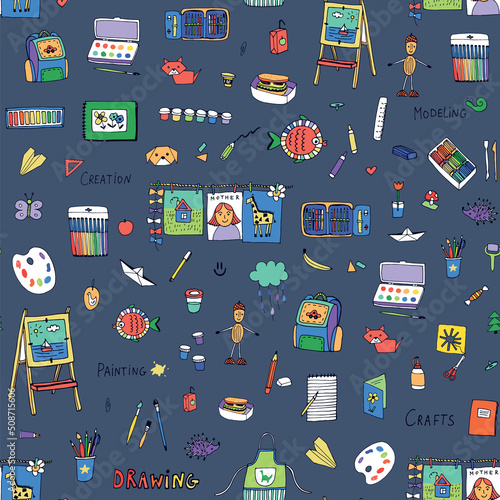 Hobby drawing children school class vector seamless pattern