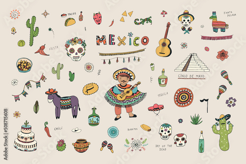 mexico travel vector traditional objects illustrations set