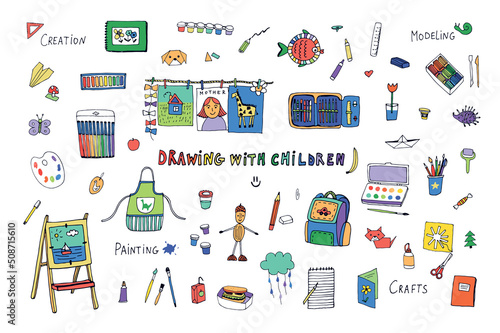 Art class for children vector illustrations set