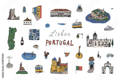 Travel lisbon portugal architecture vector illustrations set
