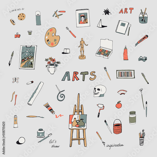 Art class drawing objects vector illustrations set