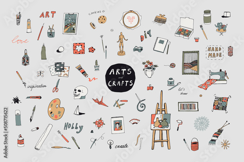 Arts and crafts class drawing objects vector illustrations set