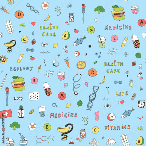 medicine health care objects vector seamless pattern