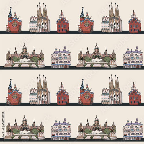 Barcelona Spain travel architecture landmarks vector seamless pattern