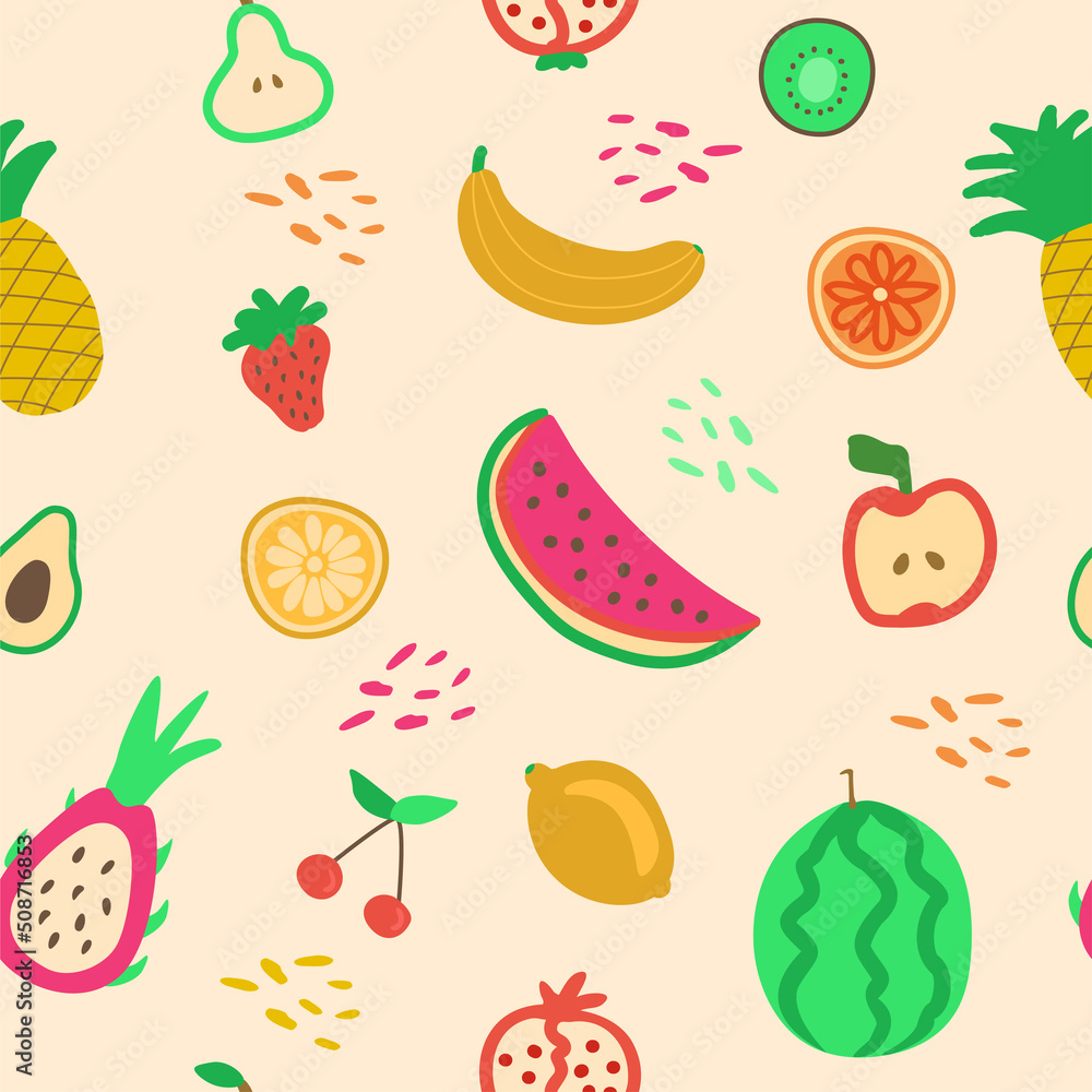 Hand drawn cute seamless pattern fruits, Orange, Banana, Pomeganate, Cherry, Strawberry, Lemon and leaf on pink pastel background. Vector illustration. Hand drawn cute seamless pattern fruits, Orange, Banana, Pomeganate, Cherry, Strawberry, Lemon and leaf on pink pastel background. Vector illustration.