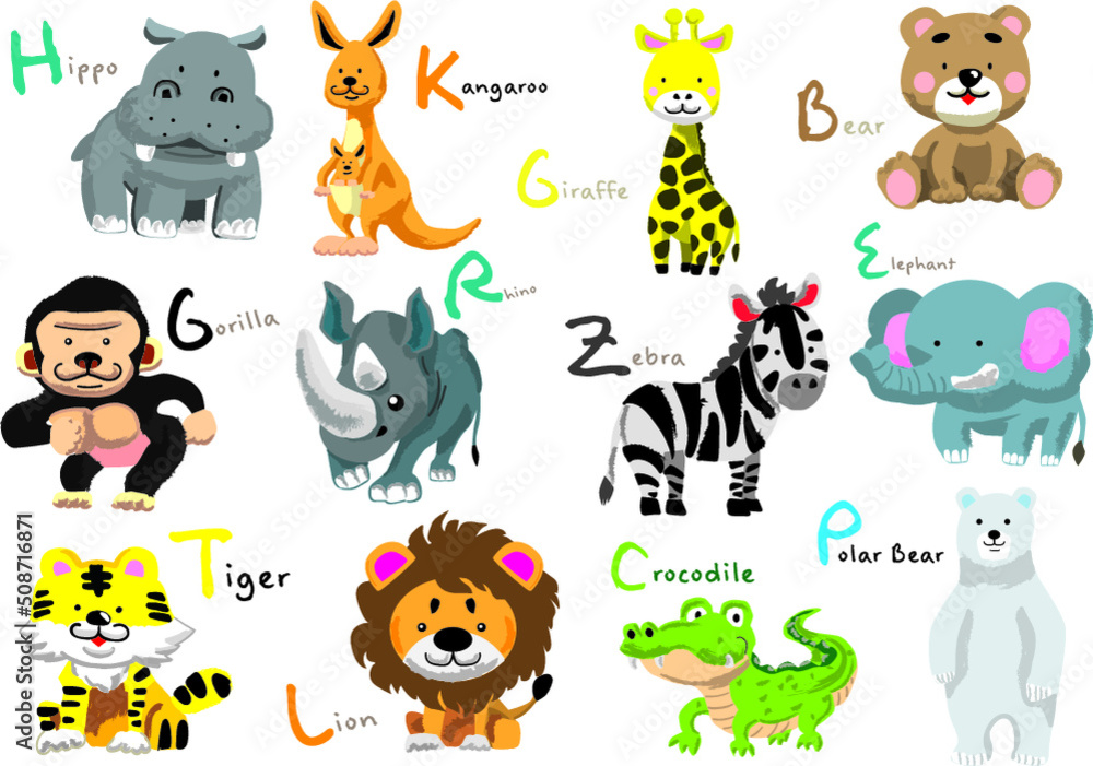 アルファベットの名前が付いたかわいい動物のイラストセット Stock Vector Adobe Stock