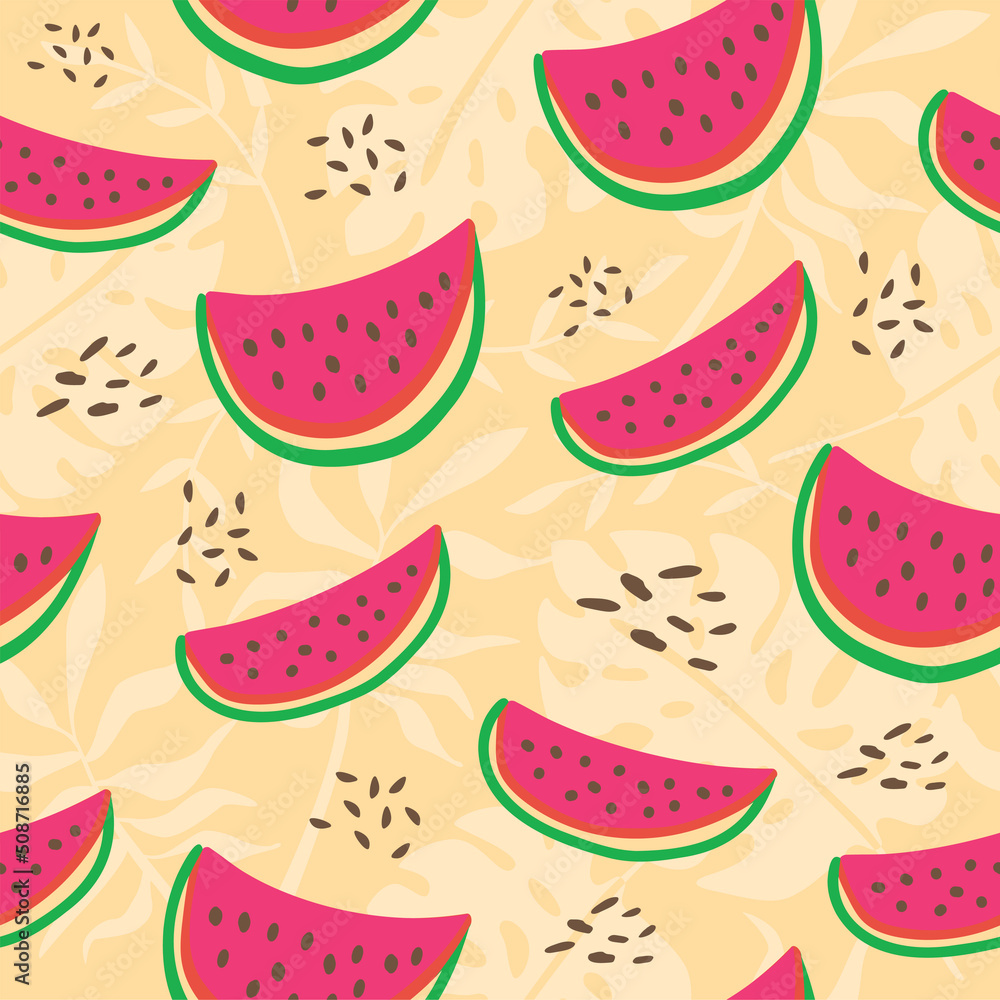 Watermelon slices fresh pattern. Cute seamless background. Vector illustration. Exotic colorful tropical fruits. Watermelon slices fresh pattern. Cute seamless background. Vector illustration. Exotic colorful tropical fruits.
