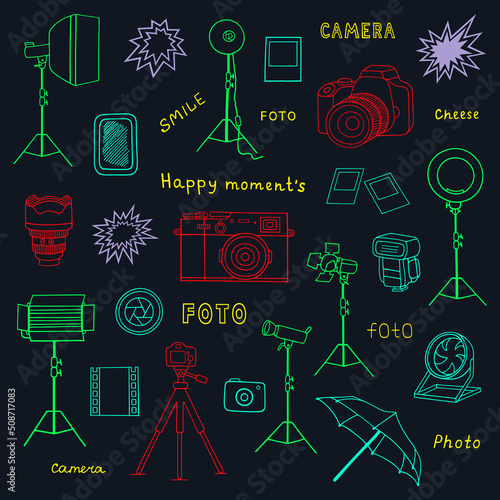 Set of elements on the subject of photography. Vector drawing. Outline drawing.