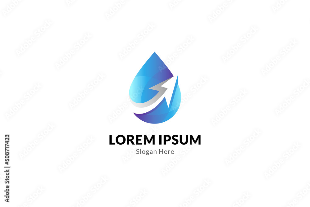 Water drop logo with arrow shape. Symbol of drinking water company, natural energy, oil mining, fuel. Blue gradient simple flat concept Water drop logo with arrow shape. Symbol of drinking water company, natural energy, oil mining, fuel. Blue gradient simple flat concept
