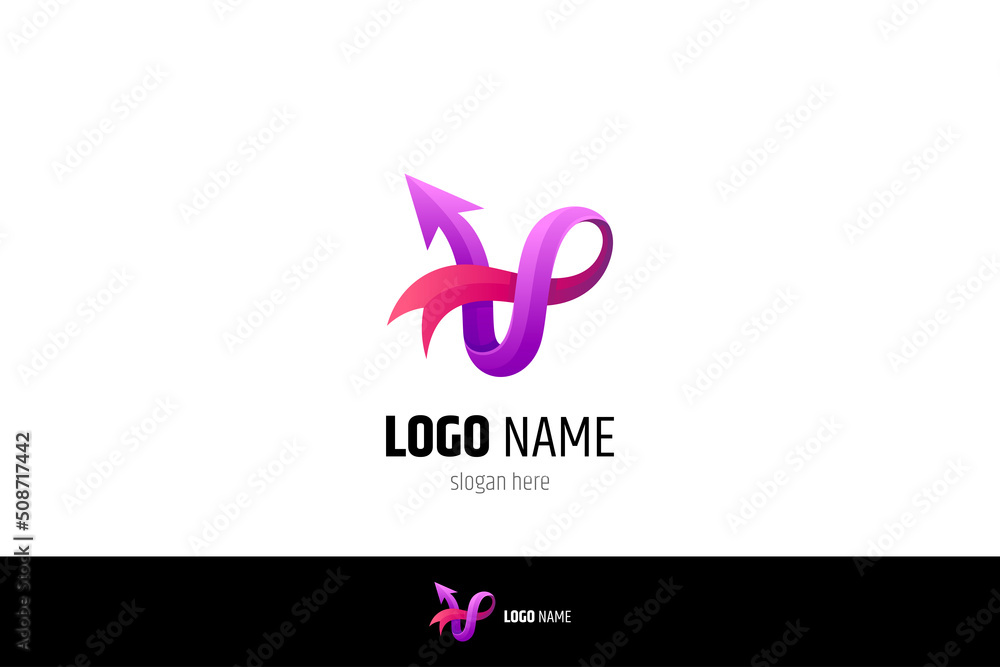 letter V logo and arrow. Symbol of company name, brand, business, identity, initials. 3d concept with red and purple color gradient.