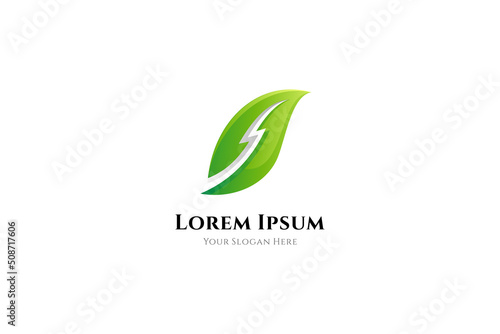 Leaf logo and lightning symbol. Flat design style is simple, organic, literal, economical. good for plantation, environment, stamina enhancer, natural herbs.