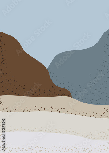 Abstract landscape in minimalist style. Vector illustration. Emperador color and other colors . Can be used as wallpaper, background, postcard, poster, interior decor and others.