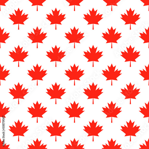 Fototapeta Naklejka Na Ścianę i Meble -  Red maple leaves on white background Canadian seamless pattern. Canada Day background. Vector template for Canadian holiday party invitation, greeting card, flyer, fabric, textile, etc