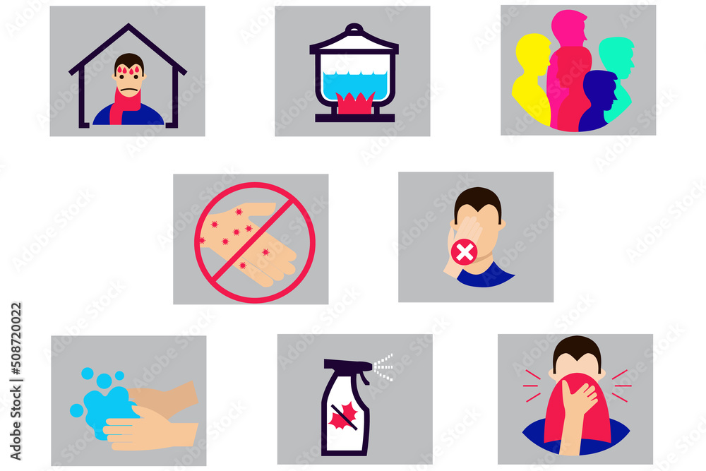 Fototapeta premium Vector collection of illustrations of coronavirus precautions such as staying at home when sick, covering your mouth with a tissue when coughing, and others.