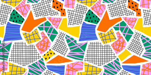 Abstract collage shape seamless pattern with colorful geometric doodles. Trendy flat cartoon background, retro shapes in bright childish colors. 