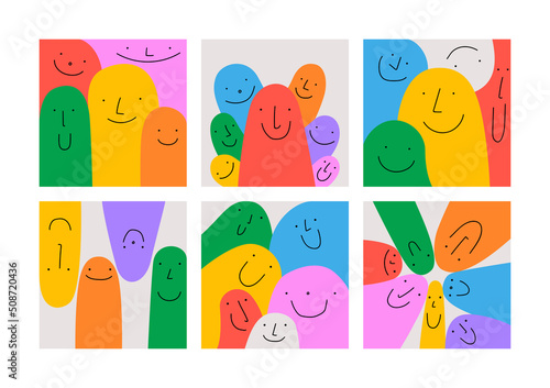 Happy colorful friends together, diverse people crowd illustration set. Funny cartoon characters smiling. Cute children doodle collection. Friendly community, kid education or friendship concept.