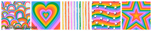 Set of colorful rainbow seamless pattern and cartoon illustration background. Happy upbeat multicolor banner collection for children education, lgbt issues or diversity concept.