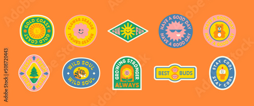 Colorful retro label shape set. Collection of trendy vintage sticker cartoon shapes. Funny comic character art and quote sign patch bundle.