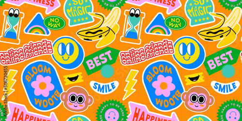 Funny retro colorful sticker label seamless pattern. Vintage icon tag or patch background texture. Trendy sign wallpaper.