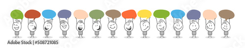 Stick figures. People Group Chat Bubble Communication. Cartoon style. Discuss social networks, news, social networks, chat, dialogue speech bubbles.