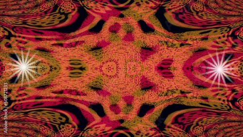 Alien art sci-fi picture, red moving patterns with two blinking stars, in the middle of picture a motif resembling face photo